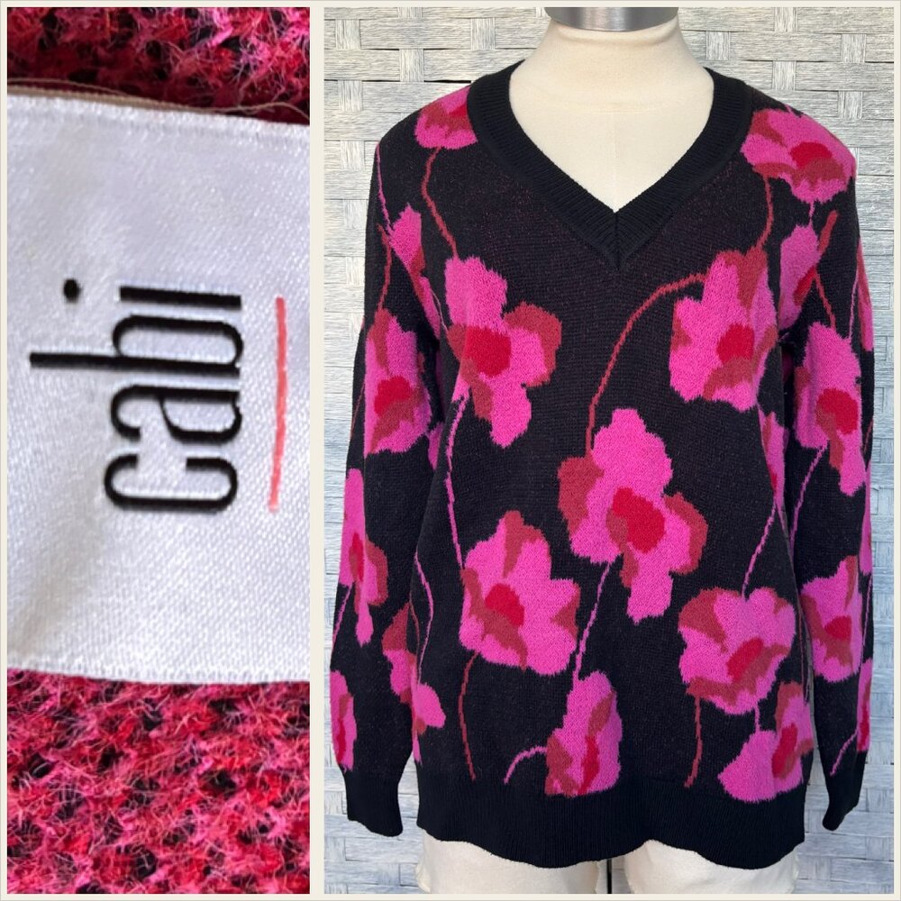 Cabi Black Pink Floral V Neck Sweater Women's‎ Size S